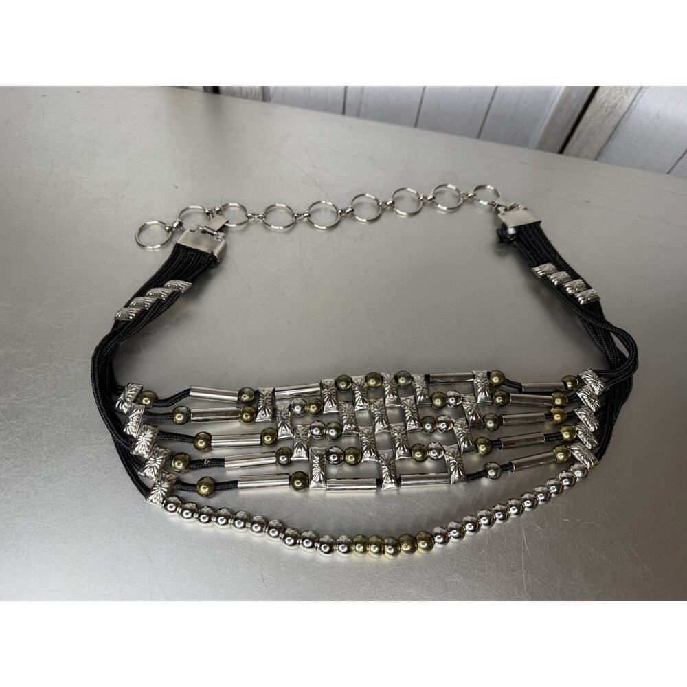 Vintage 80s Boho Glam Beaded Gold Silver Black Metal Belt Unique Chain Medium